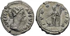Lucilla, Augusta, 164-182. Denarius (Silver, 20mm, 3.33 g 7), Rome, struck under Marcus Aurelius, 164-169. LVCILLA AVGVSTA Draped bust of Lucilla to right. Rev. IVNO REGINA Juno, veiled, standing left