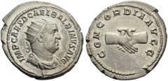 Balbinus, 238. Antoninianus (Silver, 24mm, 5.36 g 12), Rome. IMP CAES D CAEL BALBINVS AVG Radiate, draped and cuirassed bust of Balbinus to right. Rev. CONCORDIA AVGG Two clasped right hands. BMC 67. 