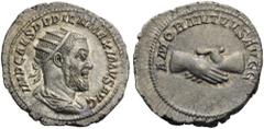 Pupienus, 238. Antoninianus (Silver, 24mm, 4.83 g 12), Rome. IMP CAES PVPIEN MAXIMVS AVG Radiate, draped and cuirassed bust of Pupienus to right. Rev. AMOR MVTVVS AVGG Two clasped right hands. BMC 82.
