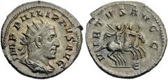Philip I, 244-249. Antoninianus (Silver, 22mm, 4.23 g 12), Rome, 248. IMP PHILIPPVS AVG Radiate, draped and cuirassed bust of Philip to right. Rev. VIRTVS AVGG / Є Philip I and Philip II on horses gal