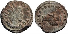 Marius, 269. Antoninianus (Billon, 19mm, 3.32 g 6), Cologne, 269. IMP C MARIVS P F AVG Radiate, draped and cuirassed bust of Marius to right. Rev. CONCORDIA MILITVM Clasped right hands. AGK (corr.) 3b