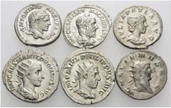 ROMAN. A lot containing 6 silver coins. Includes: Denarii of Caracalla, Macrinus, Julia Paula and Antoniniani of Gordian III, Philip I and Gallienus. Fine to very fine. LOT SOLD AS IS, NO RETURNS. 6 c