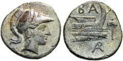 KINGS of MACEDON. Demetrios I Poliorketes, 306-283 BC. Unit (Bronze, 16mm, 2.04 g 11), uncertain mint, after 290. Head of Demetrios to right, wearing crested Corinthian helmet. Rev. BA Prow to right; 