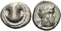 BOEOTIA, Thebes. Circa 425-395 BC. Stater (Silver, 21mm, 12.17 g). Boeotian shield. Rev. Θ Ε Bearded head of Dionysos to right, wearing ivy wreath. BCD Boiotia 437-438 var. SNG Copenhagen 284. An attr