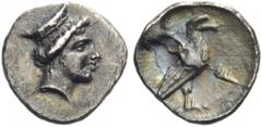ELIS, Olympia. 108th-11th Olympiad, Circa 340s BC. Obol (Silver, 12mm, 0.93 g 1), ‘Hera’ mint. Head of Hera to right, wearing stephane inscribed F. Rev. F Eagle, with closed wings, standing right. BCD