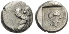 DYNASTS of LYCIA. Uvug, Circa 470-440 BC. Obol (Silver, 9mm, 1.03 g 4). Sphinx seated to right, raising left forepaw. Rev. OFOV (in Lycian) Head of female to right. Rosen 718. SNG von Aulock 4191. Ver