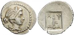 LYCIA, Masikytes. 27-20 BC. 1/4 Drachm (Silver, 14mm, 0.99 g). Draped bust of Artemis to right, quiver at shoulder. Rev. Λ - Y / M - A Quiver. RPC 3311. Troxell 135. Nearly extremely fine.