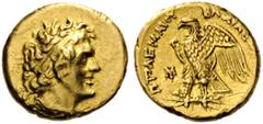 PTOLEMAIC KINGS of EGYPT. Ptolemy I Soter, 305-282 BC. Triobol (Gold, 11mm, 1.79 g 0), Alexandreia. Bust of Ptolemy I to right, wearing diadem and aegis around his neck. Rev. ΒΑΣΙΛΕΩΣ ΠΟΛΕΜΑΙΟΥ Eagle 