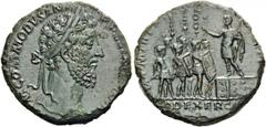Commodus, 177-192. Sestertius (Orichalcum, 28mm, 16.14 g 6), Rome, 186. M COMMODVS ANT P FELIX AVG BRI Laureate head of Commodus to right. Rev. P M TR P XII IMP VII COS V P P / S - C / FID EXERCIT Com