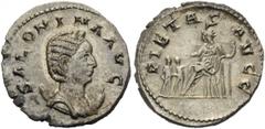 Salonina, Augusta, 254-268. Antoninianus (Silver, 21mm, 4.07 g 6), Rome, 256-257. SALONINA AVG Diademed and draped bust of Salonina set on crescent to right. Rev. PIETAS AVGG Salonina seated left on t