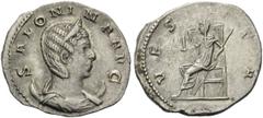 Salonina, Augusta, 254-268. Antoninianus (Silver, 22mm, 3.20 g 6), Cologne, 257-258. SALONINA AVG Diademed and draped bust of Salonina to right, set on crescent. Rev. VESTA Vesta seated left on throne