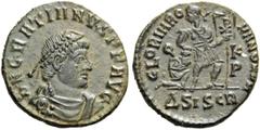 Gratian, 367-383. Follis (Bronze, 17mm, 1.99 g 6), Siscia, 367-375. D N GRATIANVS P F AVG Diademed, draped and cuirassed bust of Gratian to right. Rev. GLORIA ROMANORVM / Q - K/P / ΔSISCR Gratian adva