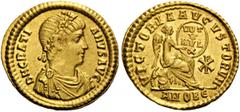 Gratian, 367-383. Solidus (Gold, 22mm, 4.49 g 6), Antioch, 372. D N GRATIANVS AVG Pearl-diademed, draped and cuirassed bust of Gratian to right. Rev. VICTORIA AVGVSTORVM / ANOBЄ Victory seated right o