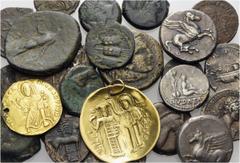 GREEK, ROMAN AND BYZANTINE. A lot containing 2 gold, 7 silver and 16 bronze coins. Includes: Greek, Roman and Byzantine issues. Fine and better. LOT SOLD AS IS, NO RETURNS. 25 coins in lot. From the o