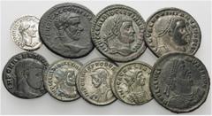 ROMAN. A lot containing 1 silver and 8 bronze coins. Includes: Antoninus Pius (1), Macrinus AE from Nikaia (1), Aurelian (1), Probus (1), Diocletian (2), Maximianus (1), Maxentius (1), Julian II (1). 