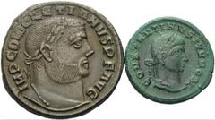 ROMAN. Imperial. A lot containing two late Roman bronze coins. Includes: Diocletian. Follis (26 mm, 8.63 g, 12), Alexandria. RIC VI 32a; Constantine II. Follis (19 mm, 3.92 g, 6), Siscia. RIC VII 182.