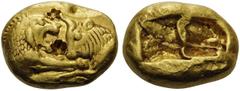 Greek KINGS OF LYDIA. Kroisos, c. 560-546 BC. Stater (Gold, 15 mm, 8.08 g), light standard, Sardes, c. 550-546, and later until c. 520. Foreparts of lion, on the left, and bull, on the right, facing e