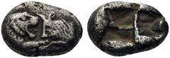 Greek KINGS OF LYDIA. Kroisos, circa 560-546 BC. 1/8 Stater (Silver, 11 mm, 1.24 g), Sardes. On the left, forepart of lion with open mouth to right confronting, on the right, forepart of bull to left.