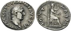 Roman Imperial & Provincial Vitellius, 69. Denarius (Silver, 19 mm, 3.17 g, 6 h), Rome, struck late April-20 December. A VITELLIVS GERM IMP AVG TR P Laureate head of Vitellius to right. Rev. PONT MAXI