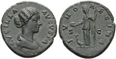 Roman Imperial & Provincial Lucilla, Augusta, 164-182. As (Copper, 25 mm, 10.14 g, 12 h), Rome, struck under Marcus Aurelius, 164. LVCILLA AVGVSTA Draped bust of Lucilla to right. Rev. IVNO REGINA / S