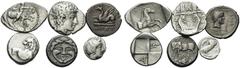 Large Lots GREEK. A lot of 6 smaller Greek silver coins. Includes: Thrace, Chersonesos, Hemidrachm, Circa 386-338 BC, SNG Manchester 775; Abdera, Circa 311-280 BC, Tetrobol, Antigo–, magistrate, C-N P