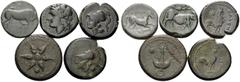 The Stoecklin Collection, Part II - Greek MAGNA GRAECIA. (Bronze, 33.37 g). Five Bronze Coins from Magna Graecia: 1. Etruria, uncertain mint. Uncia, 22 mm, 8.75 g. HN III, 67. SNG ANS 42-43; 2. Cales,