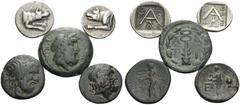 The Stoecklin Collection, Part II - Greek LAKONIA AND ARGOLIS. (22.33 g). Lot of Two Silver and Three Bronze Coins. 1. Lakedaimon (Sparta). AE Hexachalkon, 23 mm, 7.97 g, 4h. BCD Peloponnesos 908.4. 2