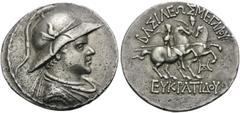 The Stoecklin Collection, Part II - Greek BAKTRIA, Greco-Baktrian Kingdom. Eukratides I, circa 170-145 BC. Tetradrachm (Silver, 32 mm, 16.57 g, 12 h), Attic standard. Diademed and draped bust of Eukra