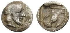 Greek IONIA. Magnesia ad Maeandrum. Archeopolis, circa 459 BC. Tetartemorion (Silver, 6 mm, 0.18 g). Laureate and bearded head of Zeus to right. Rev. Eagle flying to right, with AP monogram to right; 