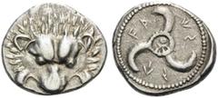 Greek DYNASTS OF LYCIA. Vekhssere II, circa 410-390/80 BC. Tetrobol (Silver, 15 mm, 2.95 g). Lion's scalp facing. Rev. FA-KS-SE around triskeles. SNG von Aulock 4201 (this reverse die). Lightly toned 