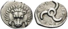 Greek DYNASTS OF LYCIA. Trbbenimi, circa 390-370 BC. Tetrobol (Silver, 17 mm, 2.92 g, 2 h). Lion's scalp facing. Rev. TPB-BEN-EME around triskeles. SNG von Aulock 4215. Lightly toned and well centered