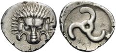 Greek DYNASTS OF LYCIA. Perikles, circa 380-360 BC. Tetrobol (Silver, 18 mm, 2.78 g). Lion's scalp facing. Rev. ΠΕ-PΕ-ΚΛE around triskeles. SNG von Aulock 4254-4255 var. Lovely toned; a magnificent ex