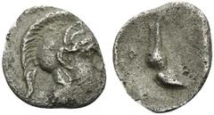 Greek THESSALY. Pharsalos. Circa 440-425 BC. Tetartemorion (Silver, 7 mm, 0.19 g, 6 h). Helmeted head of Athena right. Rev. Φ Horse's front leg to right. BCD Thessaly I -. BCD Thessaly II -. HGC 4 -. 