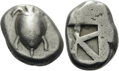 Greek ISLANDS OFF ATTICA, Aegina. Circa 500/490-480 BC. Stater (Silver, 18 mm, 11.74 g, 1 h), "Small skew" reverse. Sea turtle, with a line pellets down the back of its shell. Rev. Square incuse with 