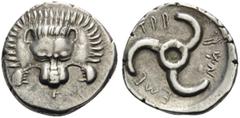 Greek DYNASTS OF LYCIA. Trbbenimi, circa 390-370 BC. Tetrobol (Silver, 17 mm, 3.14 g). Lion's scalp facing; below, F. Rev. TPB-BEN-EME around triskeles. SNG Berry 1181. SNG von Aulock 4217 (these dies