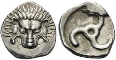 Greek DYNASTS OF LYCIA. Perikles, circa 380-360 BC. Tetrobol (Silver, 16 mm, 2.85 g). Lion's scalp facing. Rev. ΠΕ-PΕ-ΚΛE around triskeles. SNG von Aulock 4254. Well centered and clear. Die break on t