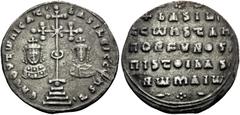 Byzantine Basil II Bulgaroktonos, with Constantine VIII, 976-1025. Miliaresion (Silver, 22 mm, 2.42 g, 12 h), Constantinople, 977-989. En TOVTω nICA T' bASILEI C CωnST' Patriarchal cross crosslet, wit