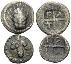 Greek MACEDON. Tragilos. Circa 450-400 BC. (Silver, 0.51 g). Lot of two silver coins. 1. Tetartemorion, 7 mm, 0.18 g, 4h. HGC 3.1, 746. 2. Hemiobol, 8 mm, 0.33 g, 8h. SNG ANS 903 var. Both toned. Good