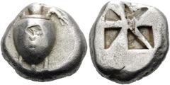 Greek ISLANDS OFF ATTICA, Aegina. Circa 500/490-480 BC. Stater (Silver, 20 mm, 12.34 g), "small skew" reverse. Sea turtle, with a line of pellets down the back of its shell; countermarked with the hea
