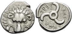 Greek DYNASTS OF LYCIA. Trbbenimi, circa 390-370 BC. Tetrobol (Silver, 16 mm, 1.97 g, 12 h). Lion's scalp facing. Rev. TPBB-ENE-ME around Lycian Triskeles to left, with empty central circle. SNG von A