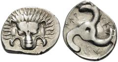 Greek DYNASTS OF LYCIA. Perikles, circa 380-360 BC. Tetrobol (Silver, 17 mm, 2.76 g, 12 h). Lion's scalp facing. Rev. ΠΕP-ΕΚ-ΛE around triskeles. SNG von Aulock 4255. Lightly toned and well centered. 