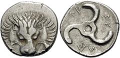 Greek DYNASTS OF LYCIA. Perikles, circa 380-360 BC. Tetrobol (Silver, 16 mm, 1.75 g, 6 h). Lion's scalp facing. Rev. ΠΕP-ΕΚ-ΛE around triskeles. SNG von Aulock 4255. Toned. Lightly struck, otherwise, 