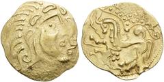 Celtic CELTIC, Northeast Gaul. The Parisii. Circa 70-60 BC. Stater (Gold, 24 mm, 6.99 g, 2 h), Class V. Celticized head of Apollo to right. Rev. Stylized horse prancing to left, with a fan-like checke
