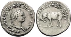 Roman Imperial Titus, 79-81. Denarius (Silver, 18 mm, 3.00 g, 4 h), Rome, January-June 80. IMP TITVS CAES VESPASIAN AVG P M Laureate head of Titus to right. Rev. TR P IX IMP XV COS VIII P P Elephant m