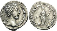 Roman Imperial Commodus, 177-192. Denarius (Silver, 19 mm, 3.13 g, 6 h), Rome, 181. M COMMODVS ANTONINVS AVG Laureate head of Commodus to right. Rev. TR P VI•IMP III COS IIII P•P Providentia standing 