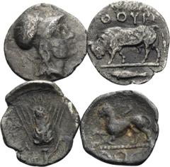 Greek MAGNA GRAECIA. Campania & Lucania. (Silver, 3.18 g). Lot of four silver Fractions. (1). CAMPANIA, Phistelia. Circa 325-275 BC. Silver Obol, 11 mm, 0.58 g, 11h. Nymph facing. Rev. Lion. HN III 61