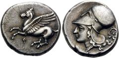 Greek CORINTHIA. Corinth. Circa 375-300 BC. Stater (Silver, 20 mm, 8.55 g, 9 h). Pegasus flying left with pointed wing, below, Ϙ. Rev. Head of Aphrodite to left, wearing pearl necklace and Corinthian 