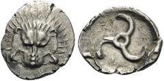 Greek DYNASTS OF LYCIA. Perikles, circa 380-360 BC. Tetrobol (Silver, 19 mm, 2.72 g). Lion's scalp facing. Rev. ΠΕP-ΕΚ-ΛE around triskeles. SNG von Aulock 4255. Well centered on a broad flan. Flan cra