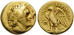 Greek PTOLEMAIC KINGS OF EGYPT. Ptolemy I Soter, 305-282 BC. Triobol (Gold, 10 mm, 1.76 g, 1 h), Alexandreia, c. 298/7-294. Bust of Ptolemy I to right, wearing diadem and aegis around his neck. Rev. Β