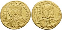 Byzantine Constantine V Copronymus, 741-775. Solidus (Gold, 19 mm, 4.39 g, 6 h), Constantinople, 741-751. d LЄON PA MЧLt Crowned bust of Constantine's father Leo III facing, wearing chlamys and holdin